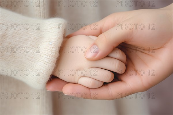 Close up of woman's hand holding small baby's hand. KI generiert, generiert AI generated