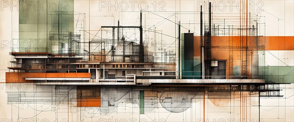 Building design overlaid on architectural blueprints with green and orange accents, horizontal 2.4:1 aspect ratio, off white background color, AI generated