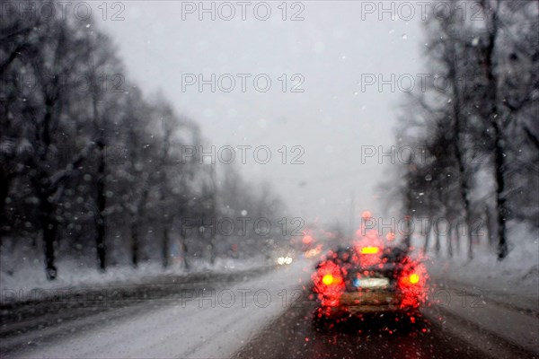 Poor visibility through the windshield in rain and snow, Munich, Bavaria, Germany, Europe