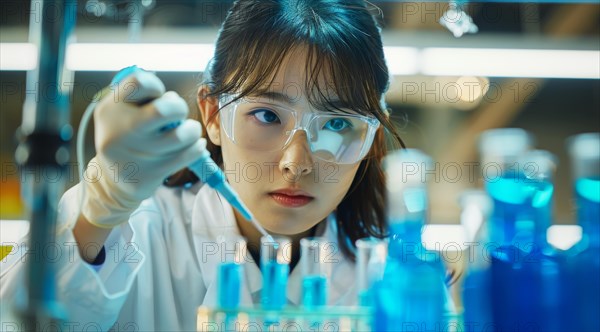 Laboratory worker conducting an experiment with blue liquids, ai generated, AI generated
