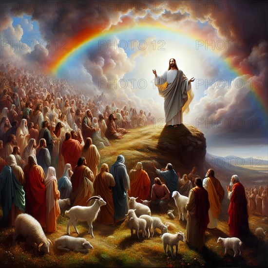 Jesus Christ proclaims the Sermon on the Mount, symbolic image myth, religion, saviour, Christianity, martyr, Jesus of Nazareth, New Testament, AI generated, AI generated