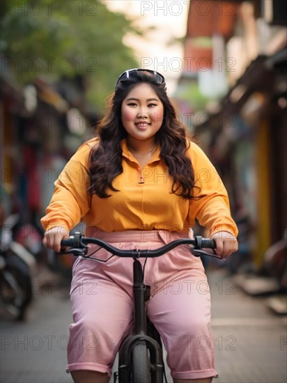 Asian young woman in a yellow sweatshirt casually rides a bike on a city street during the day, San Francisco, Lombard area, AI Generated, AI generated
