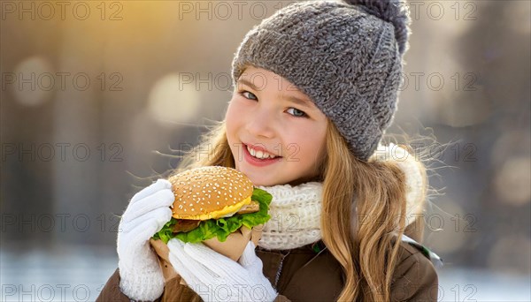 AI generated, human, humans, person, persons, child, children, girl, 10, 12, years, one person, outdoor, ice, snow, winter, seasons, eats, eating, burger, hamburger, cap, bobble hat, gloves, winter jacket, cold, coldness