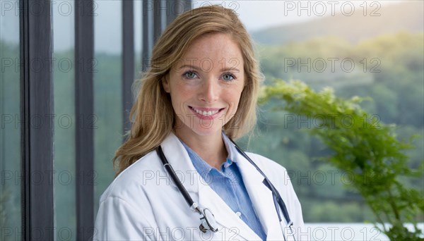 AI generated, A young pharmacist in her pharmacy, portrait, 30, 35, years, female, blonde, blond, blonde, beautiful teeth, smiles, long hair, profession, professions, medicines in the background