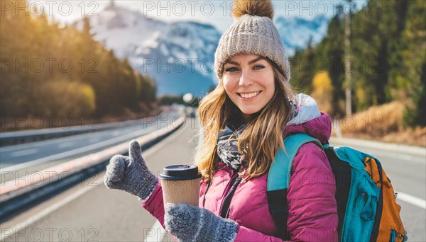 AI generated, human, humans, person, persons, woman, woman, one person, 20, 25, years, outdoor, seasons, cap, bobble hat, gloves, winter jacket, cold, cold, backpack, woman wants to travel, hitchhiking, hitchhiking, hitchhiking, road, motorway, coffee to go in hand, coffee, drink