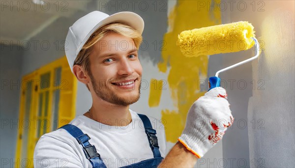 AI generated, man, men, a painter paints a wall with new yellow paint, father, renovation of old flat, paint roller, ladder, yellow, paint, 25, 30, years, a, person, occupation, occupations, leisure activity, family, smiles, smiling, fun at work, laughing, laughing, laughing, friend, partner, man
