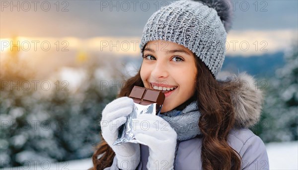 KI generated, Young girl, 15, years, eating a bar of chocolate, one person, outdoor shot, ice, snow, winter, seasons, eating, eating, hat, bobble hat, gloves, winter jacket, cold, coldness