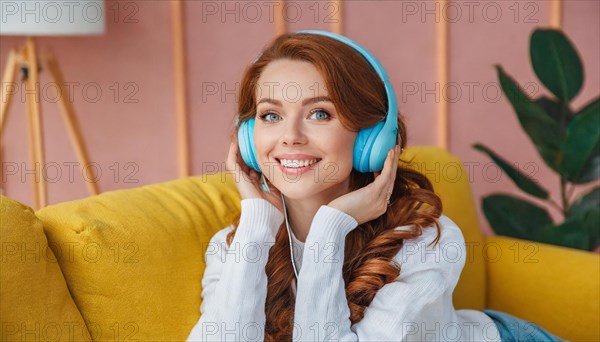 AI generated, human, humans, person, persons, woman, woman, girls, 20, 25, years, one person, interior shot, sitting on the sofa and listening to music with headphones, relaxed, relaxed, blue headphones, beautiful teeth, beautiful eyes, smiling, happy