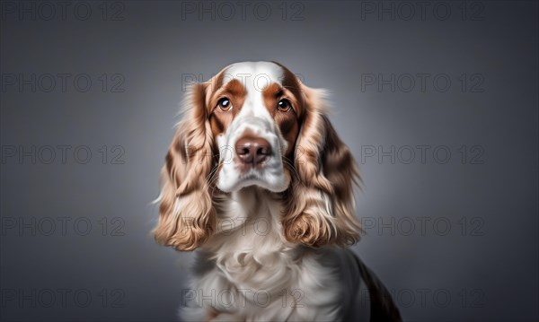 English cocker spaniel young dog posing. white and brown dog or pet playing happy, isolated, AI generated