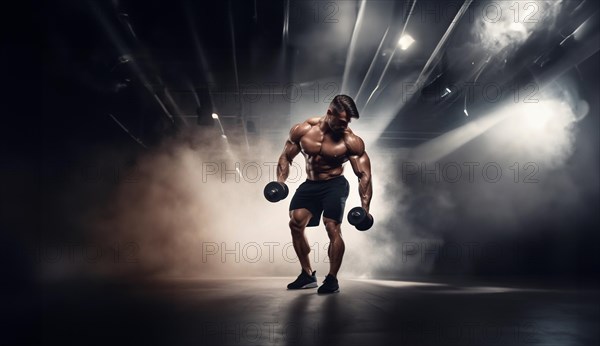 Male bodybuilder with a naked torso with dumbbells training in a dark gym, AI generated