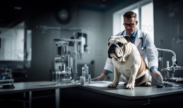 English bulldog dog in a veterinary clinic with a veterinarian, AI generated