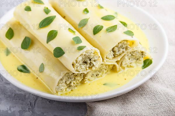 Cannelloni pasta with egg sauce, cream cheese and oregano leaves on a gray concrete background with linen textile. side view, close up, selective focus