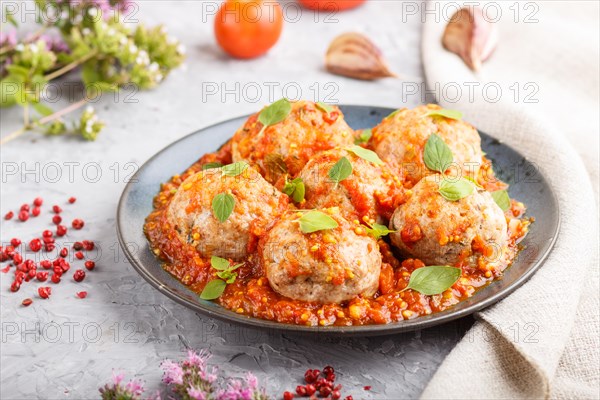 Pork meatballs with tomato sauce, oregano leaves, spices and herbs on blue ceramic plate on a gray concrete background with linen textile. side view, close up, selective focus