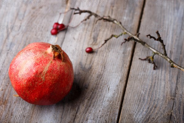 Ripe garnet with a branch on a rustic wooden background