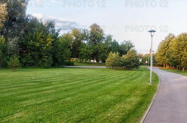 A green lawn with large trees growing in it in the city park of Druskininkai. Lithuania