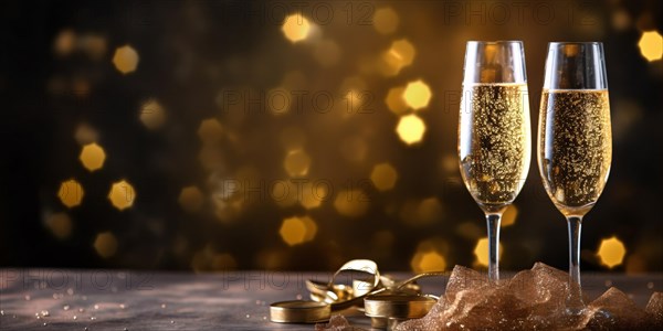 New Year's eve celebration banner with champagne glasses and golden star bokeh lights in front of black background.. KI generiert, generiert AI generated