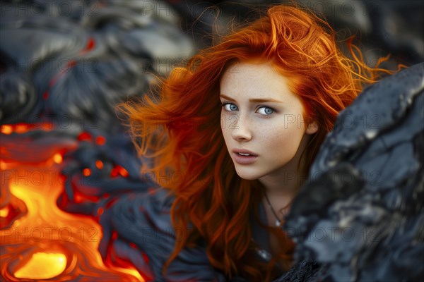 A woman with bright red hair next to flowing lava looks intensely into the camera, AI generated, AI generated
