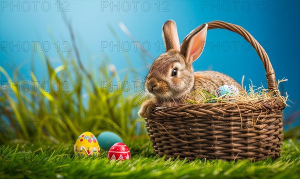 Cute Easter bunny sits beside a basket filled with colorful, decorated eggs amidst a vibrant green field under the bright, sunny sky. The festive spirit of Easter and the joy of nature, AI generated