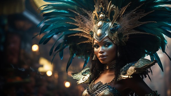 Captivating image capturing the essence of the Rio Carnival, showcasing a dancer adorned in an elaborate, vibrant costume, embodying the spirit and energy of this iconic festival, AI generated