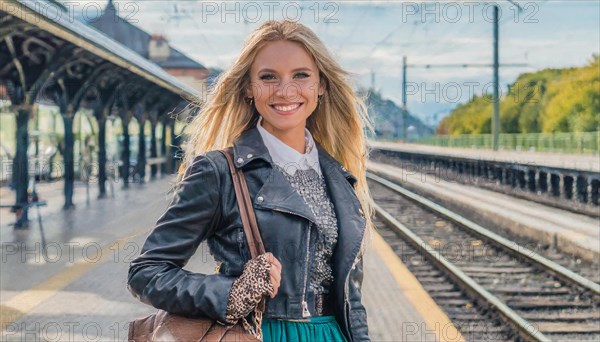 AI generated, A young blonde woman wants to travel and waits for the train at the station, 20, 25, blonde, blond, blonde, modern, modern, handbag, leather jacket, boots, sexy, attractive, attractive, long-haired, transport, traffic