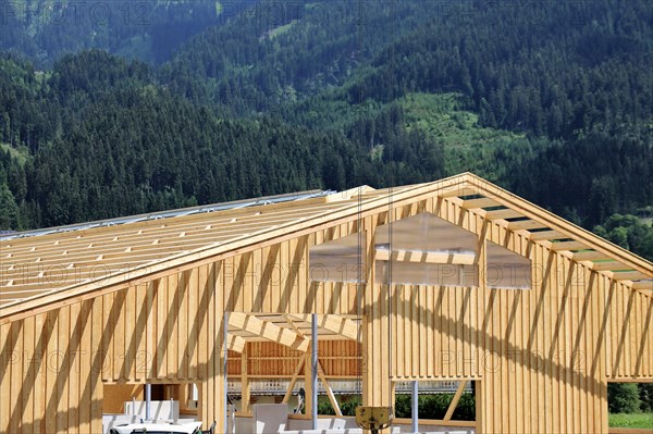 Timber construction, timber construction. Construction of a new hall (Aurach near Kitzbuehel, Tyrol, Austria)