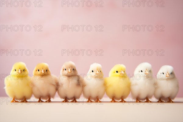 Small Easter chicks in a row on pastel pink studio background with copy space KI generiert, generiert AI generated