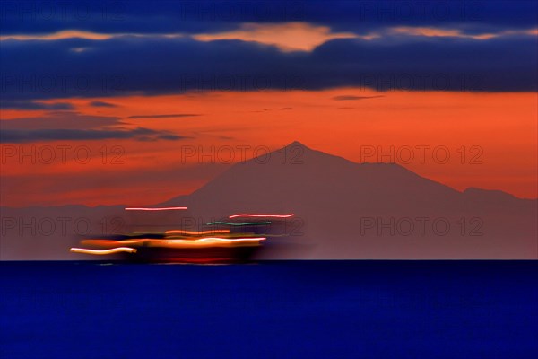 Mount Pico de Teide on Tenerife and a ship, seen from La Palma, Canary Islands, Spain, Europe