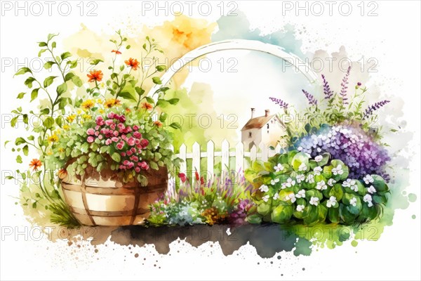Rustic scene with a garden pot and vibrant watercolor flowers, Spring garden background illustration, generated ai, AI generated