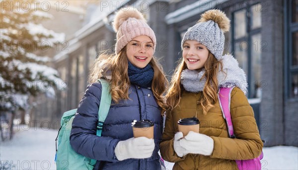 AI generates, human, humans, person, persons, child, children, girl, two, 15, years, outdoor, ice, snow, winter, seasons, drinks, drinking, coffee to go, coffee, cup, paper cup, hot drink, cap, bobble hat, gloves, winter jacket, cold, coldness