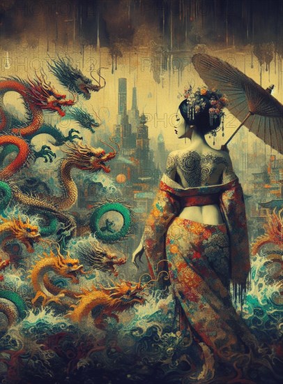 A dramatic rainfall scene with a beautiful asian young woman wear two piece kimono and dragons in an urban environment and modern skyline, japanese themed shunga style based, AI Generated, AI generated