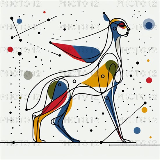 Modern minimalistic geometric abstraction of a colorful baboon in a stylized form, continuous line art, creature is stylized and simplified to the most basic geometric forms, exaggerated features, adorned with splashes of primary colors, clean white solid background, with subtle geometric shapes and thin, straight lines that intersect with dotted nodes and overlap the figures. The overall aesthetic is modern and contemporary, AI generated