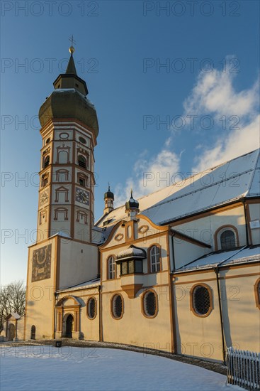 Andechs Monastery in winter, sunset, Fuenfseenland, Pfaffenwinkel, Upper Bavaria, Bavaria, Germany, Europe