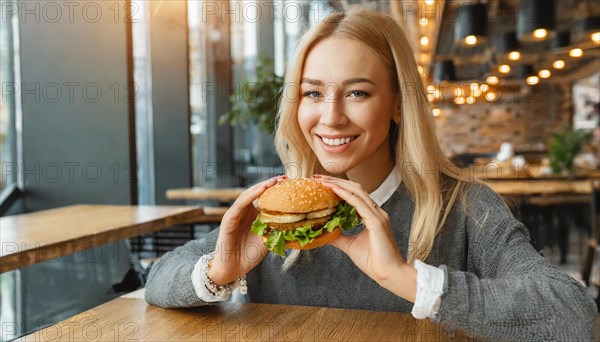 AI generated, human, humans, person, persons, woman, woman, 25, years, sits in restaurant, a person, seasons, eats, eating, burger, hamburger, snack bar