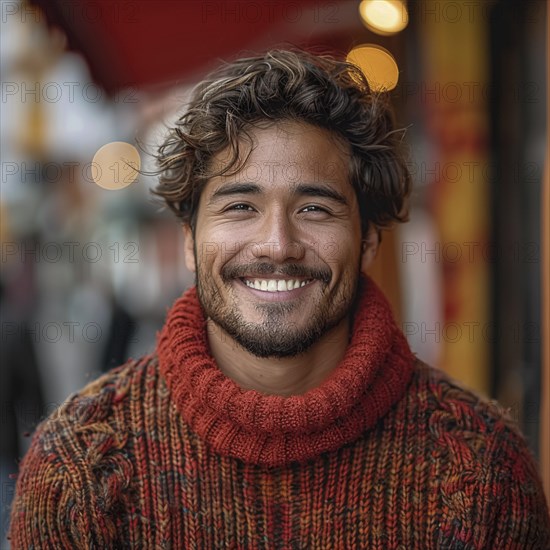 Portrait of a happy student standing in front of a colored background with a trendy sweater smiling, AI generated