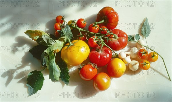 Tomatoes and garlic on a white background. Vegetables in the sunlight. AI generated
