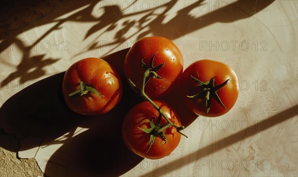 Ripe tomatoes on a light background with shadow. AI generated