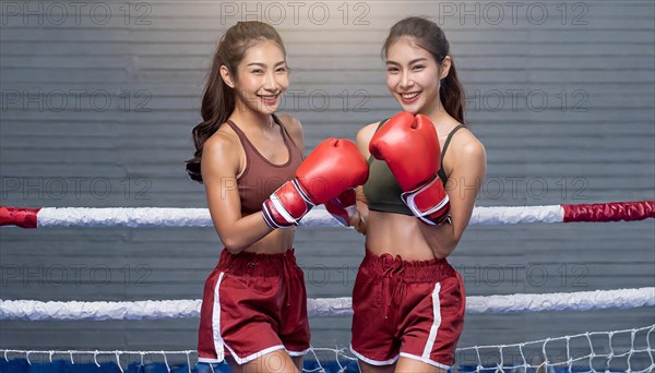 AI generated, woman, woman, 35, years, thai, thai, sport, boxing, gloves, thai boxing, muay thai, two people, portrait, athletic, fight, fighting, popular sport, thai boxer, boxing, boxing ring, thai woman