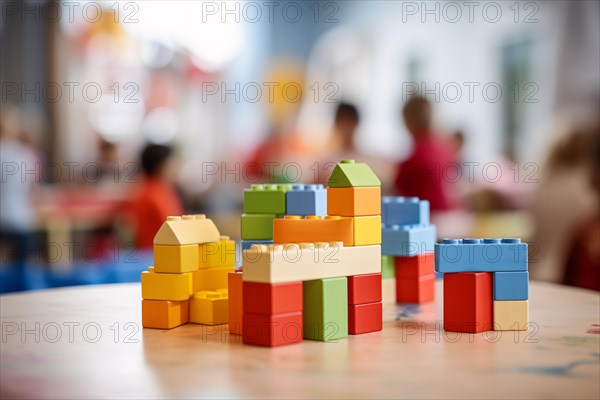 Colorful toy building blocks on table with blurry children day care in background. KI generiert, generiert AI generated