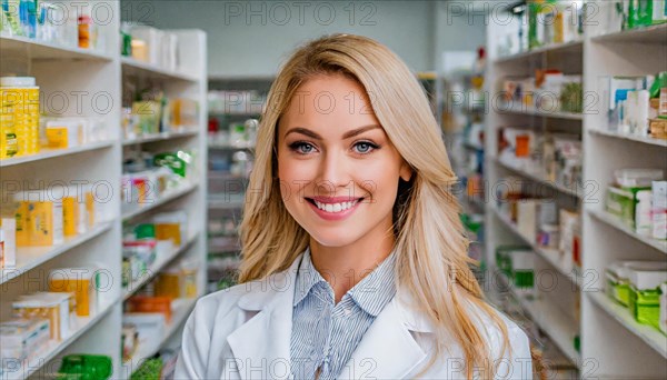 AI generated, A young pharmacist in her pharmacy, portrait, 30, 35, years, female, blonde, blond, blonde, beautiful teeth, smiles, long hair, profession, professions, medicines in the background