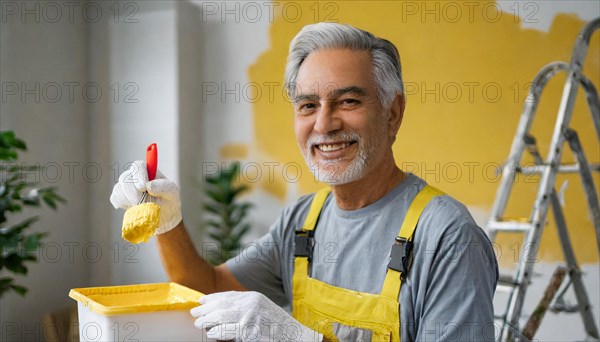 AI generated, man, men, a painter paints a wall with new yellow paint, father, renovation of old flat, paint roller, ladder, yellow, paint, 65, years, a, person, occupation, occupations, pastime, family, senior, seniors, smiling, smiling, fun at work, laughing, laughing, laughing