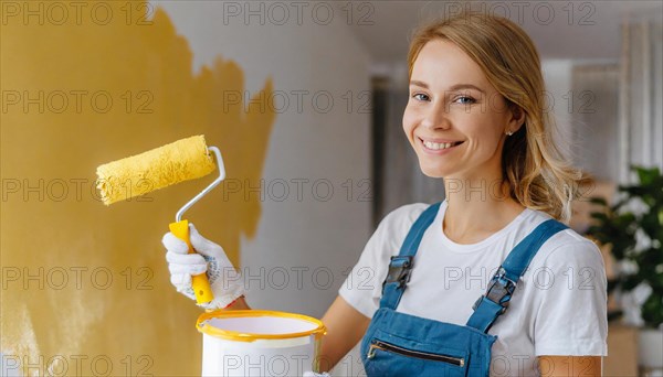 AI generated, woman, woman, a young girl paints a wall with new paint, yellow, yellow, renovation of old flat, paint roller, ladder, paint, 20, 25, years, one, one person, daughter, student, pastime, family, girl, smiling, smiling, fun at work, laughing, laughing, laughing, dungarees, jeans