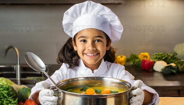 AI generated, human, humans, person, persons, child, children, 8 year old girl cooking a vegetable soup in a white kitchen, chef's hat, smock, cute, cute, cute, beautiful eyes, beautiful teeth, cook, cook, kitchen table, vegetables, onions, garlic