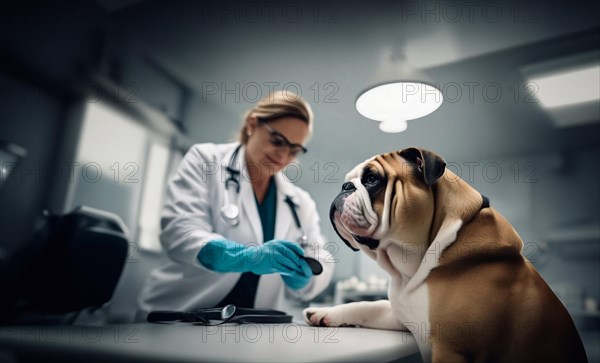 English bulldog dog in a veterinary clinic with a veterinarian, AI generated