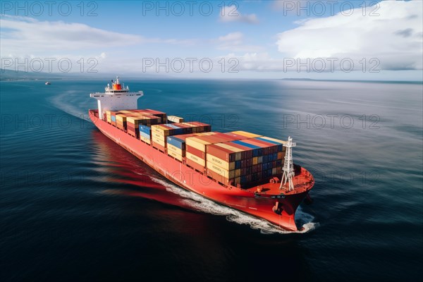 Aerial view of an ultra large container vessel in the middle of the ocean on a sunny. AI generated