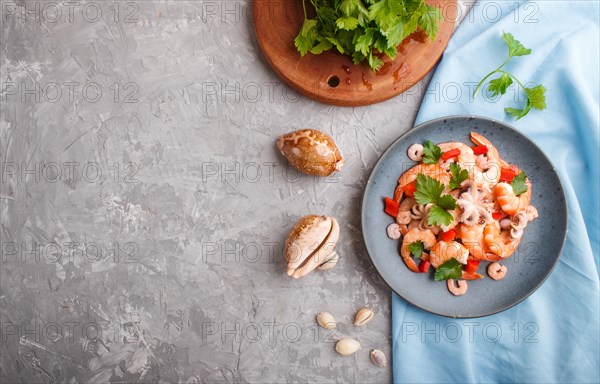 Boiled shrimps or prawns and small octopuses with herbs on a blue ceramic plate on a gray concrete background and blue textile. Top view, flat lay, copy space