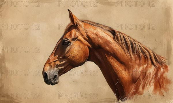 Painting of a brown horse's profile against a textured sepia background AI generated