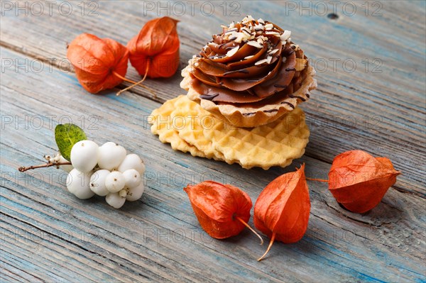 Sweet waffle, cake with cream and red physalis on a rustic blue wooden background