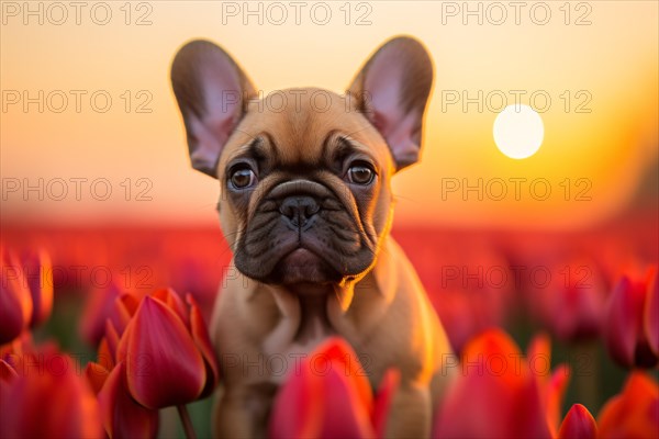 Cute French Bulldog dog sitting in flower field with red spring tulips with sun in background. KI generiert, generiert AI generated