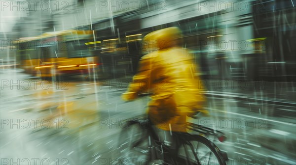 Cyclist in yellow mackintosh riding fast on urban road in heavy rain, AI generated, AI generated