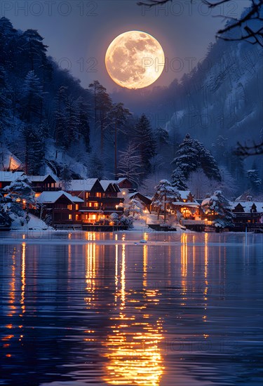 The red full moon rises oversized in the dusk behind the mountains, in the foreground a small village on a lake, the house light is reflected in the water, AI generated, AI generated